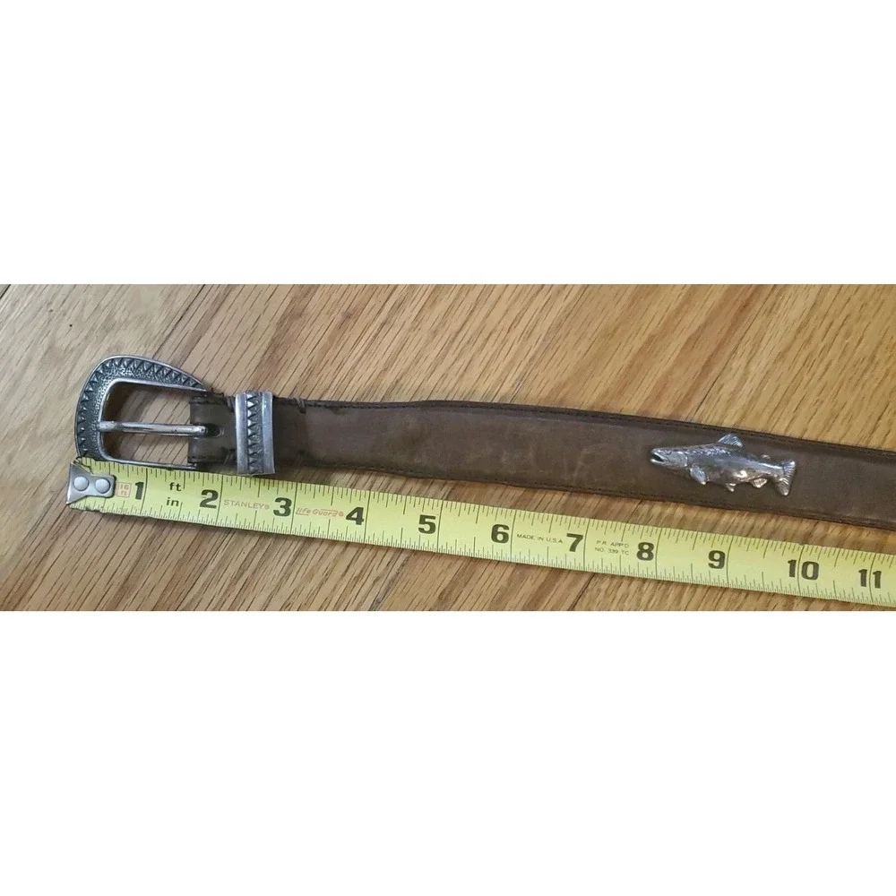 Italian Full Grain Leather Belt Trout Fish Metal Western Detailed Buckle Size 36